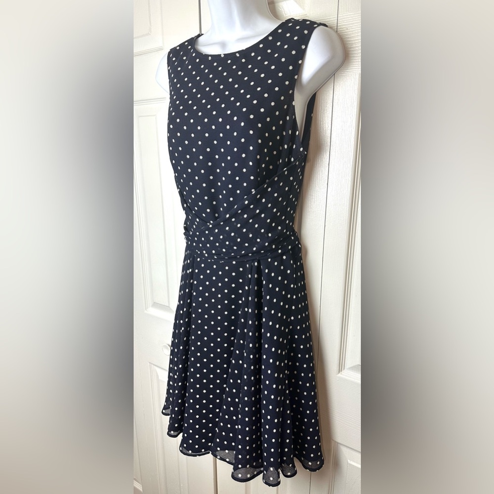 JOSEPH RIBKOFF Polka Dot Dress Navy Blue White Fit & Flare Wrap Tie Bow Waist - Picture 3 of 11